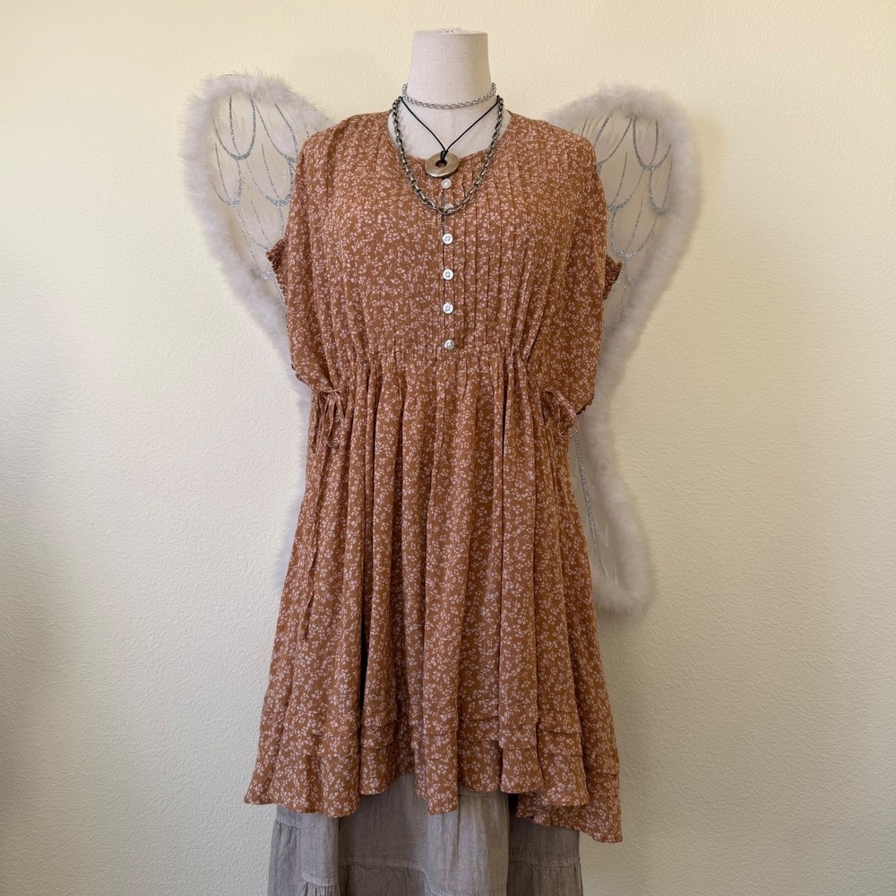 Free People Floral Print V Neck Button Front Mini Dress Brown Oversized Ruffle‎